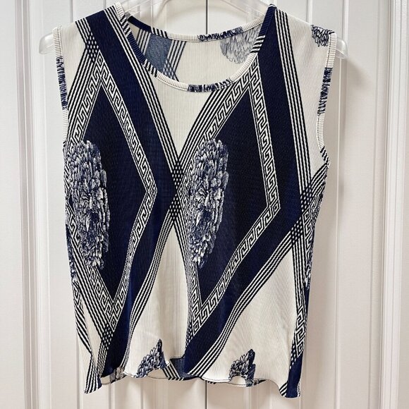 Vintage Ruched Crinkle Sleeveless Print Top Navy White - M - Picture 3 of 10